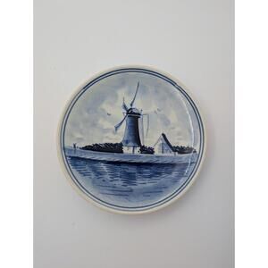 Blue Delft Hand Painted 5" Plate Windmill Design Trinket Dish Hanging Decor